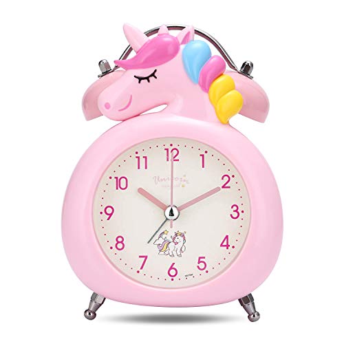 Lafocuse 10cm Despertador Infantil Unicornio Analógico con Doble Campana y Luz de Noche Reloj de Mesa Silencioso Gracioso Rosado