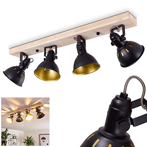 Lámpara de techo Tina, 4 focos de metal negro y oro y madera, lámpara de techo retro, 4 x E14 máx. 40 W, los cabezales de la lámpara son giratorios y orientables, adecuada para bombillas LED