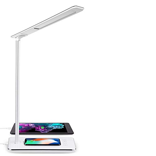 Lámpara Escritorio LED Táctil - Qi Rápida Cargador Inalámbrico para todos los Teléfonos Qi y Puerto USB, Lámparas de Mesa Regulable Plegable, 5 Niveles De Brillo, 4 Colors (Blanco)
