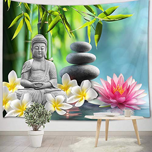 LB Zen Tapiz Buda Tapiz Pared Loto Rosa,Orquídea Blanca,Bambú Verde Tapiz Colgar Pared para Sala Habitación Residencia Universitaria Decoración Pared,200cm Ancho x 150cm Altura