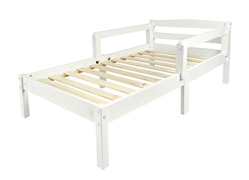 Leomark Individual Cama Infantil de Madera - Classic White - con somier, barra de seguridad, para niños, color blanco, moderno y elegante Mobiliario, Espacio para dormir: 70x140 cm