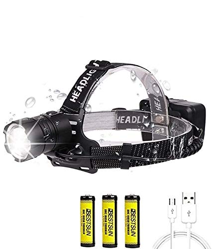 Linterna frontal LED Recargable, XHP70 10000 Lúmenes Alta Potencia LED Lámpara de Cabeza Zoomable 3 Modos Linterna Frontale Impermeable para Camping, Ciclismo, Corrercon Baterías