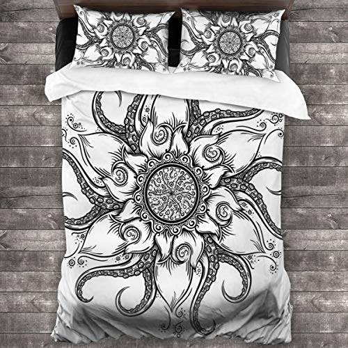 LISNIANY Funda De Edredón,Mandala de mar Animal estilizado Floral del océano con Hojas Tribales sagradas Arte Dibujado a Mano,3 Pcs Ropa de Cama Funda Nórdica Sábana Bajera (240 * 260CM)