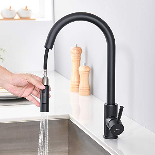 Lonheo Negro Grifo de Cocina Extraíble Grifo de 360° 2 Funciones Grifo de Fregadero Monomando Cocina en Acero Inoxidable Mezclador de Fregadero Agua Frío y Calor Disponibles