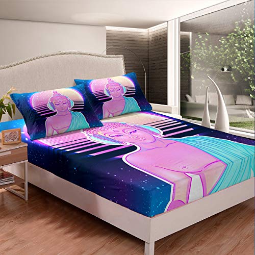 Loussiesd - Juego de sábanas de yoga para niños y adultos con estatua de Buda Sagrado Juego de sábanas para cama de noche con cielo estrellado, decoración de habitación, 2 piezas, tamaño individual