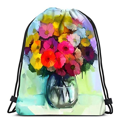 LREFON Mochila con cordón Bodegón de Flores de gerberas Amarillas y Rojas Ramo de Pintura al óleo en florero de Vidrio Mochila de Mano Pa Bolsas de Zapatos