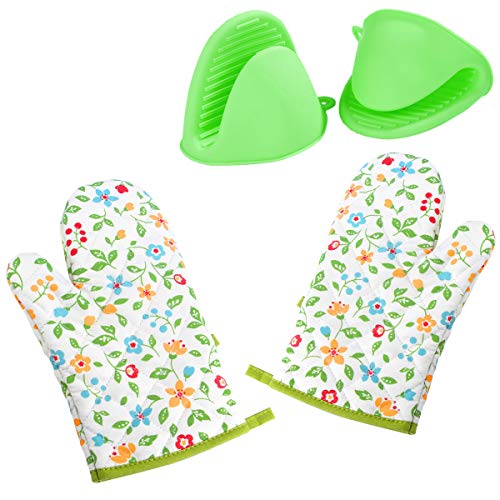 MA Keleily Manopla Horno 1 Par Guantes de Cocina para Horno Forro de Algodón con 1 Par Guante de Cocina de Silicona para Cocina Hornear Barbacoa, Flor, Verde