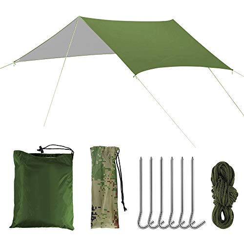 Manfore Lona impermeable para hamaca, toldo para la lluvia, toldo para la hamaca, toldo con 6 clavijas de aluminio y 6 cuerdas de nailon, anti UV, ligera y portátil para camping, viajes (verde)