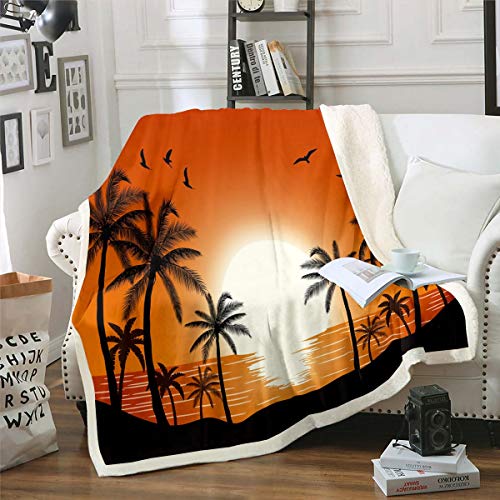 Manta de sherpa Hawaii con diseño de palmeras y palmeras para niños y adultos, para verano, para playa, manta de felpa, para sofá, cama, cama de matrimonio de 87 x 94 pulgadas