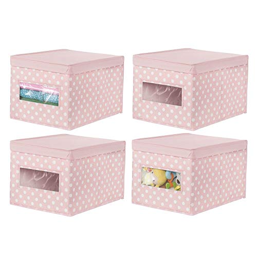 mDesign Juego de 4 Cajas organizadoras apilables – Organizador de armarios Grande para habitación Infantil – Caja con Tapa abatible y Ventana para Guardar Ropa – Rosa/Lunares Blancos