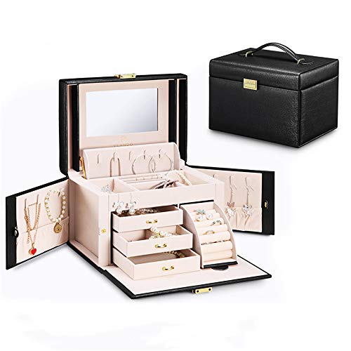 MDFQL Caja de Organizador de joyería, Organizador de joyería de Piel sintética, Anillo de Collar portátil Organizador de Pendientes con asa, Regalo para niñas o Mujeres,Negro