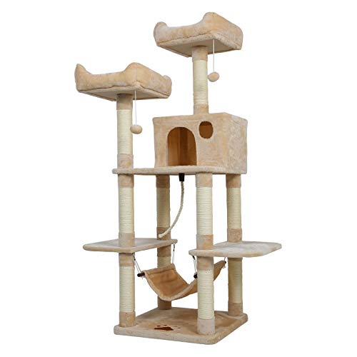 Meerveil Árbol para Gatos, Rascador con Nidos,Hamaca, Plataforma, Bolas de Juego y Juguete de Sisal Natural Beis