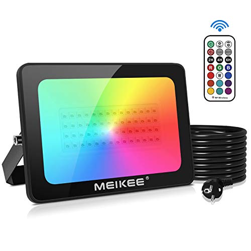 MEIKEE Foco LED RGB de Colores 60W con Control Remoto, 12 Colores, 2 Modos 6 Opciones de Brillo, Impermeable IP66, Iluminación LED decorativa para Jardín, Halloween, Comercial, Festivas