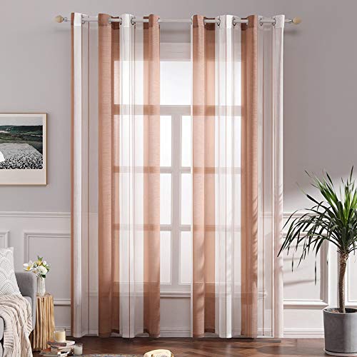 MIULEE Cortinas Translucida de Dormitorio Moderno Ventana Visillos Rayas Salon Paneles con Ojales Plateados para Sala Cuarto Salon Habitación 140 x 245 cm, 2 Unidades Blanco+Naranja