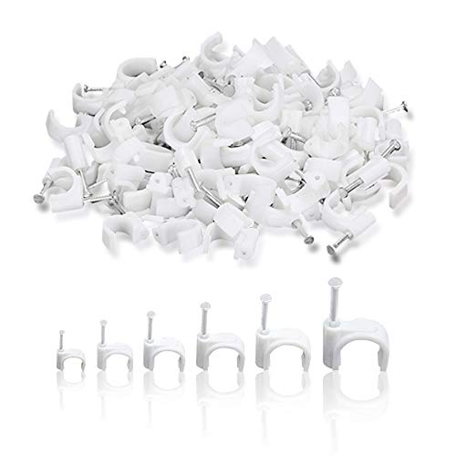 MOAMUN 600pcs Grapas para Cables Redondo, Clips de Clavos Con Clavos Redondos de Acero Para la Gestión de Cables, 4 mm, 6 mm, 8 mm, 10 mm, 12 mm, 14 mm (600, Mezcla)