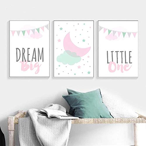 Modern Pink Dreamy Letter Cartoon Wall Canvas Painting Póster Individual Print Space Art para niños Baby Girl Room Decoración para el hogar30x40cmx3 （sin Marco）