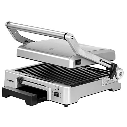 MPM MGR-10M Grill de Asar Doble Tapa basculante Adaptable en Altura, planchas antiadherentes, Acero INOX, regulador Temperatura, 2000W, Inoxidable