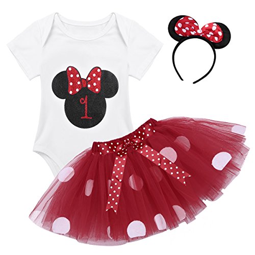 MSemis Conjunto de Verano Cumpleaños para Bebés Niñas Body Algodón, Falda Tutú y Diadema Vestido Princesa Lunares Tutú Traje Infantil Fiesta Recién Nacida Rojo 6-12 Meses