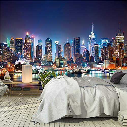 murimage Papel Pintado New York 366 x 254 cm Incluye Pegamento Fotomurales Manhattan Skyline Arquitectura Estados Unidos Ciudad USA Vista 3D noche Vista