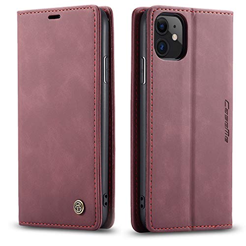 mvced Funda para iPhone 11 6.1,Funda Móvil Funda Libro con Tapa Magnética Carcasa,Vino Rojo