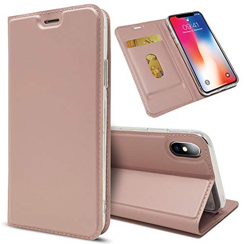 NALIA Funda Flip-Case Compatible con iPhone X XS, Carcasa con Tapa Book-Case Libro Cover Verticale, Movil Cubierta Delgado Cuero Sintético Magnético Protectora Phone Bumper, Color:Rosa Gold Oro