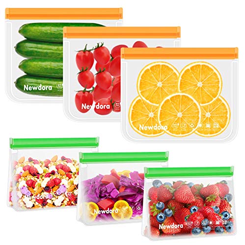 Newdora Bolsas de Silicona Reutilizables 6 Pack, Bolsas Congelar Reutilizables para Almacenamiento de Alimentos, Bolsas de conservación, Bolsas Reutilizables para Fruta Sándwiches Verduras, Sin BPA