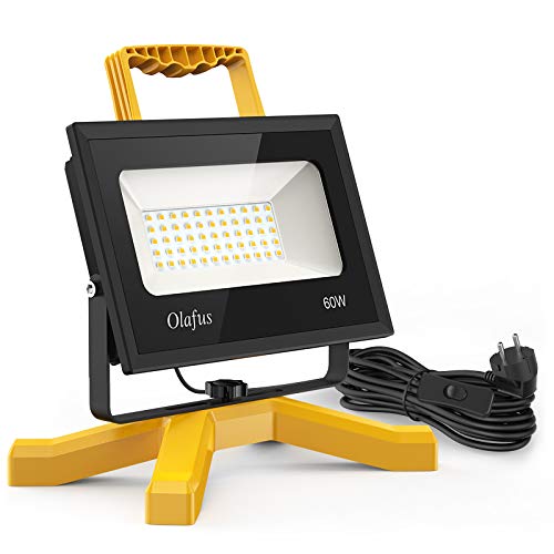 Olafus 60W 6000LM Focos LED Exterior con Enchufe y Cable Foco LED Trabajo 5000K Blanco Frío IP66 Impermeable, Work Lamp Floodlight LED para Zona de Construcción, Remodelación Hogar, Garaje