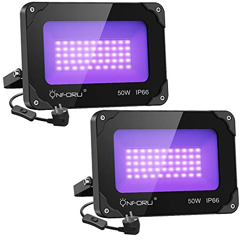 Onforu 2 Pack Luz UV 50W, Luz Negra Impermeable IP66, Foco UV Ultravioleta Luz Fluorescente Lámpara de Escenario Blacklights para Bar Club DJ Discoteca Fiesta KTV Pinta Corporal Gimnasio Halloween