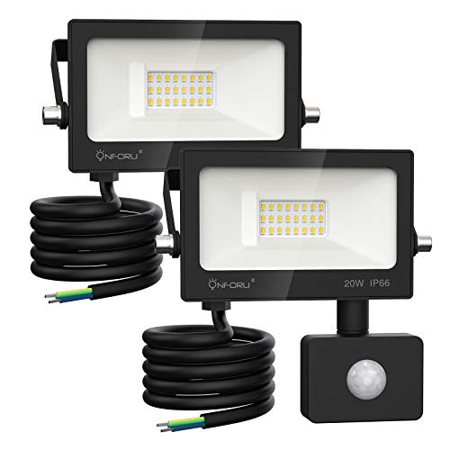 Onforu 20w Foco LED con Sensor de Movimiento (2 Pack), 2000LM Super Potente Iluminación de Seguridad, Impermeable IP66 Proyector Foco LED con Detector, 6000K Blanco Frío Exteriores Jardín Garaje Patio