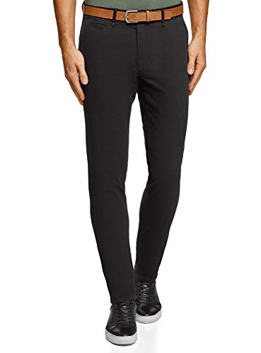 oodji Ultra Hombre Pantalones de Algodón con Cinturón, Negro, 38