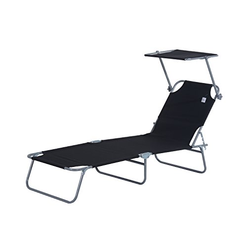 Outsunny Tumbona Hamaca Plegable con Parasol Inclinable Playa Piscina 187x58x27 cm Acero Negro