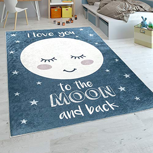 Paco Home Alfombra Habitación Infantil Niña Lavable Estrellas Luna Adorable Frase Azul, tamaño:80x150 cm