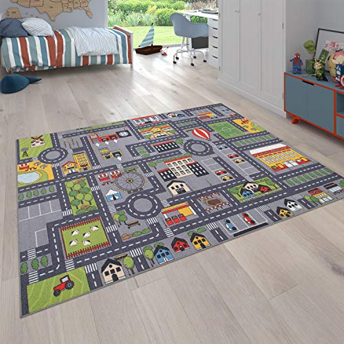 Paco Home Alfombra Infantil De Juegos Habitación Infantil Diseño De Carreteras Gris, tamaño:160x220 cm