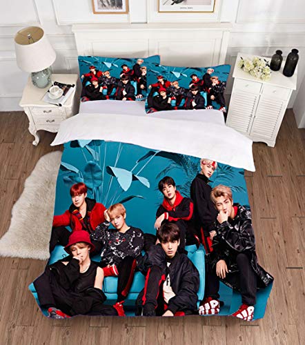 Patrón BTS De Cama Edredón 3 Piezas Negro Funda Nórdica Almohada BTS Mundial Colcha De Algodón De Microfibra Suave A Prueba De Balas Grupo Juvenil BTS Álbum Los Aficionados De Cama BTS,220 * 260cm