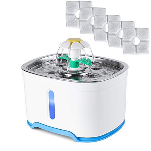 pedy Fuente para Gatos, Bebedero Gatos con 5 Filtros de Carbón Activado, con Ventana de Nivel de Agua, Luz LED, Bandeja de Acero Inoxidable, Dos Boquillas, 2,5L