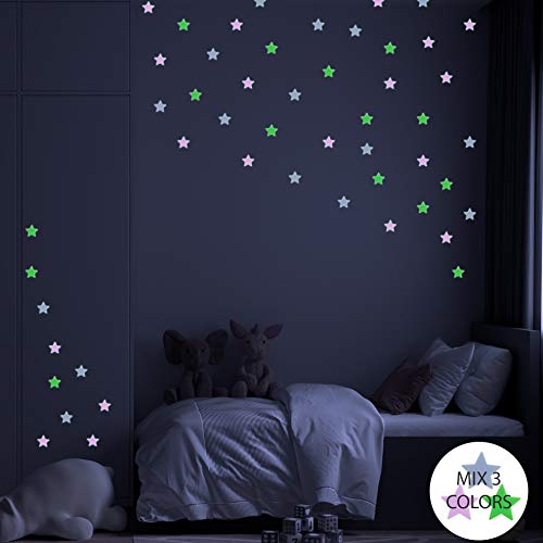 Pegatinas de pared BRILLAN EN LA OSCURIDAD ESTRELLAS 3D MIX COLOR. Vinilo decorativo Pegatinas cielo estrellado FLUORESCENTES. Estrellas luminosas 3cm Decoración Habitación, niño y niña