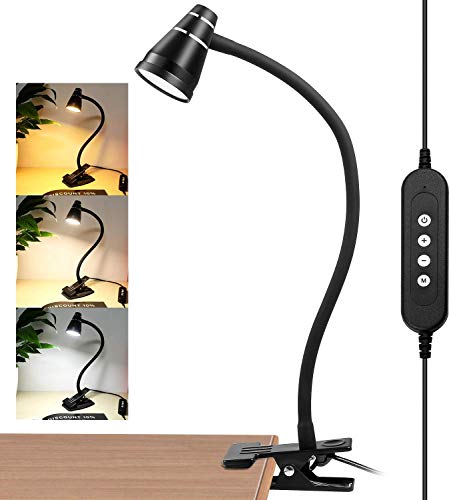 PinShare Home Lámpara de Lectura LED USB con Clip- Lámpara de Escritorio de Mesa de 5W, Iluminación con 3 Modos de Luminosidad, para la Oficina, Hogar, Lectura, Estudio, Trabajo (Negro)