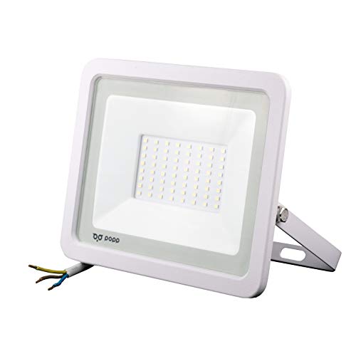POPP® Foco Proyector LED 50W para uso Exterior Iluminación Decoración 6000K luz fria Impermeable IP65 Blanco transparente y Resistente al agua. (50)
