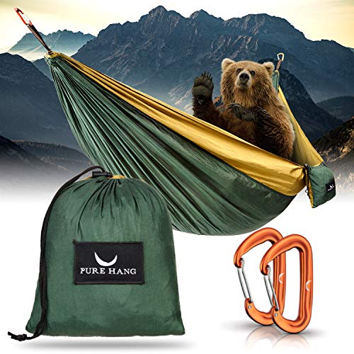 PURE HANG Premium XXL Hamaca Doble de Camping Jardin Playa Exterior Interior Arbol Supervivencia - Ultra-Ligera Plegable Portátil De Nylon 2 - 4 Personas Adulto Columpio con Soporte mosquetón