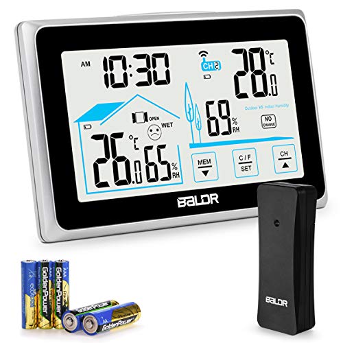 Qomolo Estación Meteorológica Inalámbrica,Interior Estaciones Meteorológicas del Higrómetro del Termómetro De Digitaces El Sensor Exteriorcon, Pantalla táctil,Batería Incluida