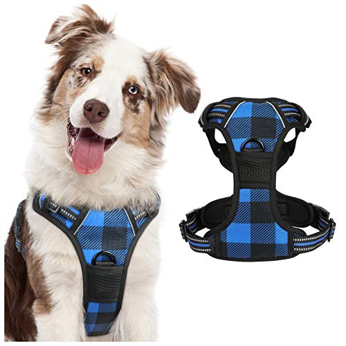 rabbitgoo Arnes Perro Grande Mediano Pequeño Arnés Pecho Antitirones Perros Coche con Lineas Reflectantes Cómodo Transpirable Chaleco Acolchado Ajustable para Adiesreamiento Correr L Azul a Cudros