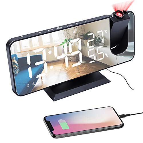 Reloj Despertador de Proyección, Despertador Digital LED con Función de Radio FM, Puerto de Carga USB Diseño de Espejo Pantalla de Temperatura y Humedad, Brillo de 4 Niveles, 2 Despertadores, Snooze