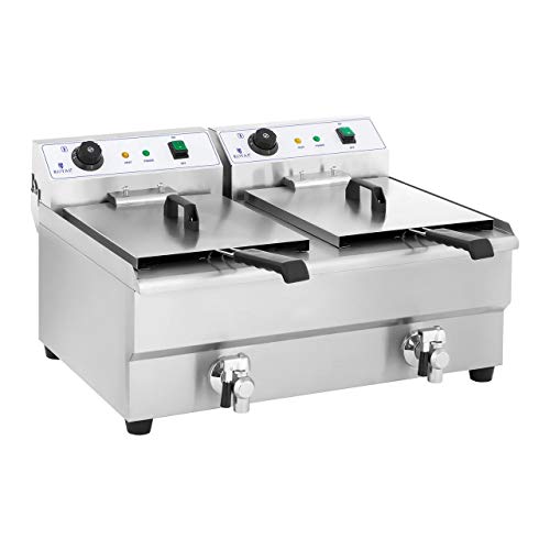 Royal Catering Freidora Electrica Profesional Doble RCEF 16DH-1 (2 x 16 L, 2 x 3 200 Watt, Termostato, 2 Grifos de vaciado, Acero inoxidable)