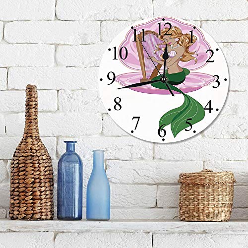 Silencioso Wall Clock Decoración de hogar de Reloj de Redondo,Sirena, Sirenita con cabello rubio tocando el arpa Cuento de hadas Romance Art Illustration,para Hogar, Sala de Estar, el Aula