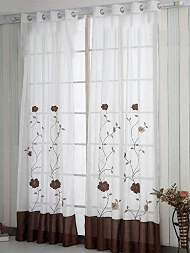 SIMPVALE 2 Piezas Cortinas Visillos Bordado Floral Translucida de Dormitorio Moderno Ventana Cortina Paneles con Ojales para Balcon, Salón, Habitación y Cámara, 140x225cm, Marrón