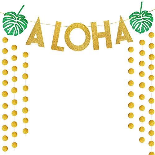 SIMUER Glitter Paper Garland Circle Dots Oro Glitter Aloha Banner Garland para Tropical Hawaiian Luau Theme Party Decoración