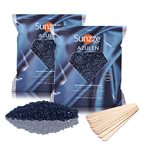 Sunzze AZULEN - 2 kg de perlas de cera cremosas + espátula de madera gratis, cera brasileña para depilación