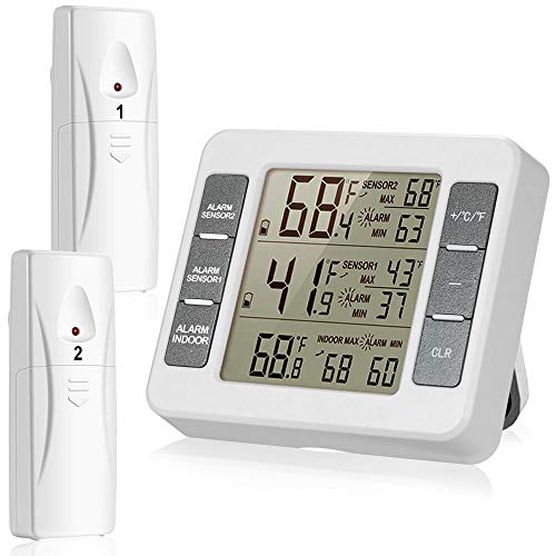 Suplong Termómetro para frigorífico, congelador, para interior, con sensor de temperatura digital, impermeable, con 2 sensores inalámbricos, pantalla LCD fácil de leer (blanco-3)