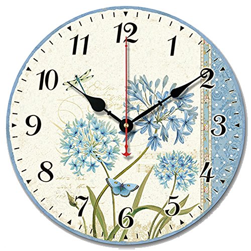 S.W.H Reloj de Pared Moderno y Simple con Flores Silencioso Reloj de Madera Redondo para Sala de Estar Cocina Decoración del Hogar Regalo 10 Pulgadas 25.4 cm Azul