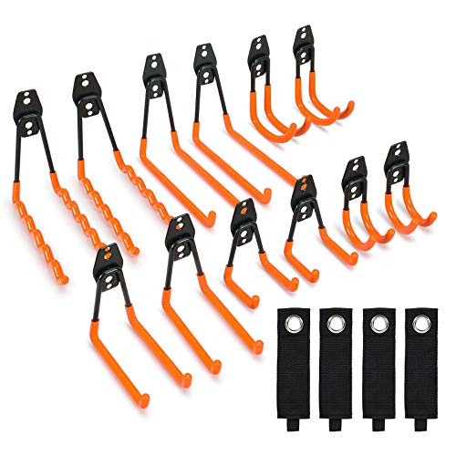 Synlyn 12 ganchos dobles de pared para garaje, de hierro, para herramientas, soporte para bicicleta, soporte de pared, organizador de herramientas eléctricas, color naranja